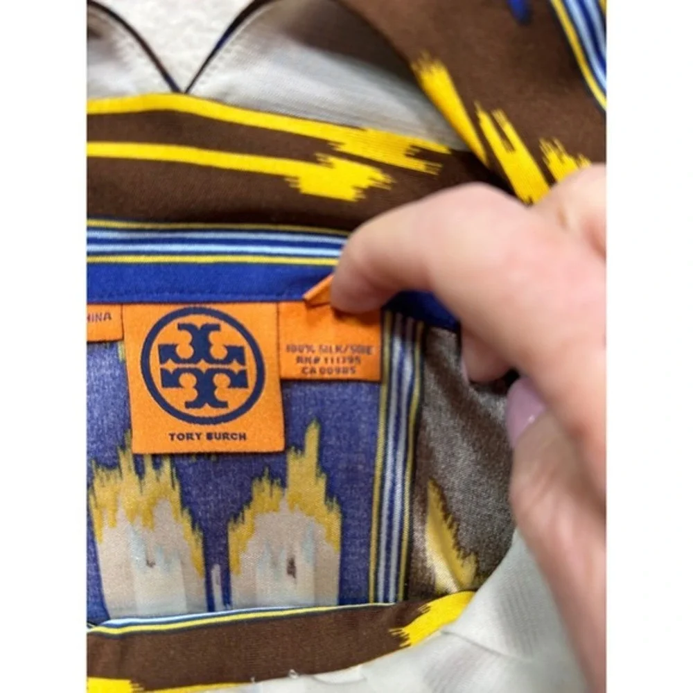 Tory Burch Silk Ikat Print V-Neck  Midi‎ Dress Blue Yellow Brown Size M #927